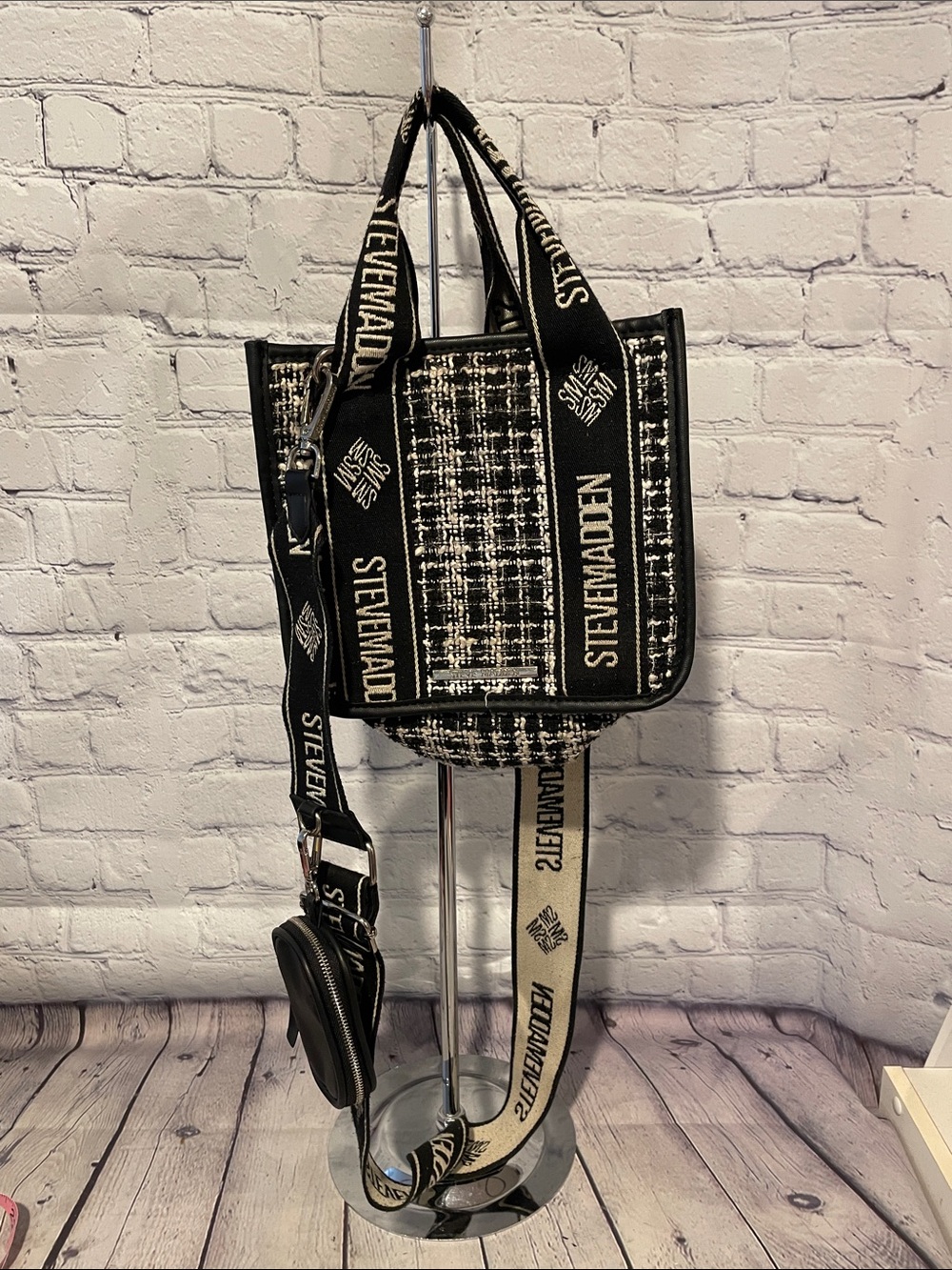Steve Madden Black & White Tweed Logo Strap Tote